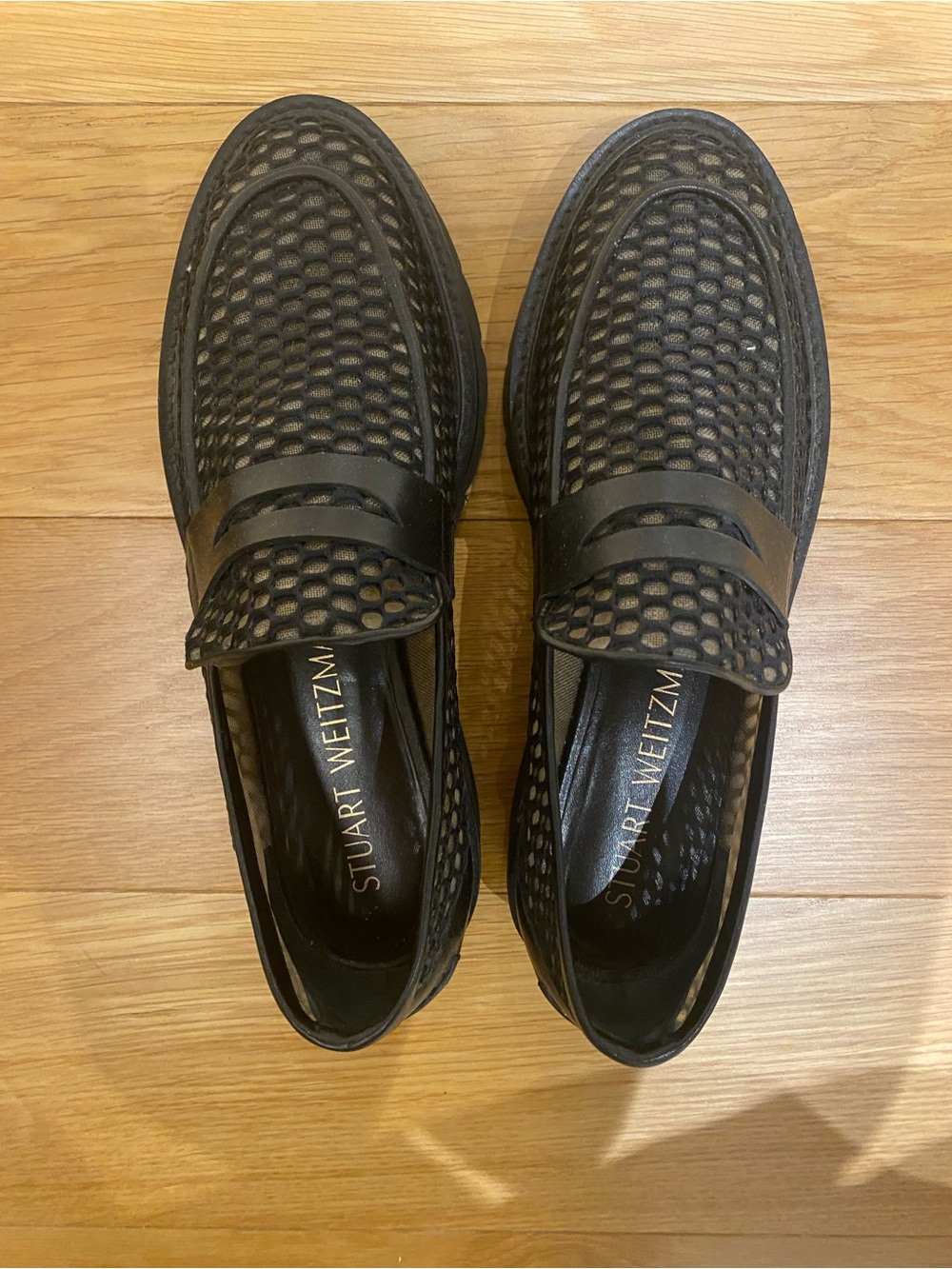 Stuart Weitzman Black Mesh Penny Loafers for women